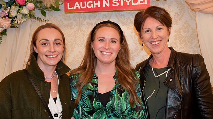 Rachel O'Sullivan, Amy Hennessy, and Joanne Ryan at the Leap National School 'Laugh N Style' fashion fundraiser at the West Cork Hotel in Skibbereen. (Photo: Anne Minihane)