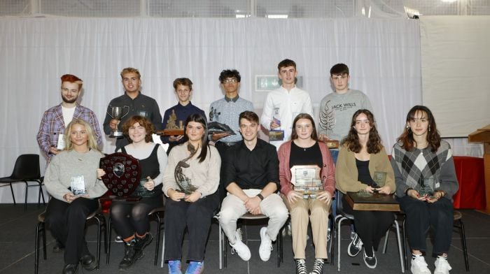 Students who received awards included (back, from left): Tom Jenkins, Rory Harrap, Rafael Wiegandt, Fionn Keogh, Ryan Whelton and Eden Healy. Front (from left): Sarah McSweeney, Suki Kelly, Caoimhe Griffin, Fintan McCarthy (guest of honour), Samantha Ross, Kaya Wild and Jane Seegers. (Photo: Carlos Benlayo)