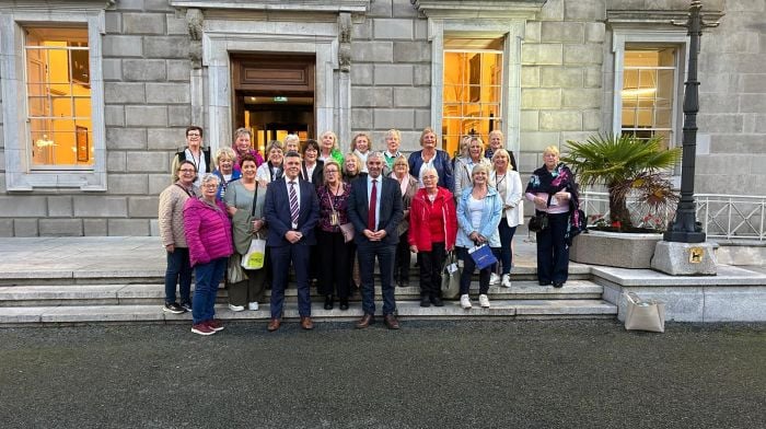 Members of the Timoleague Ladies Club on their visit to Dáil Éireann posing with Senator Tim Lombard and Councillor John Michael Foley.