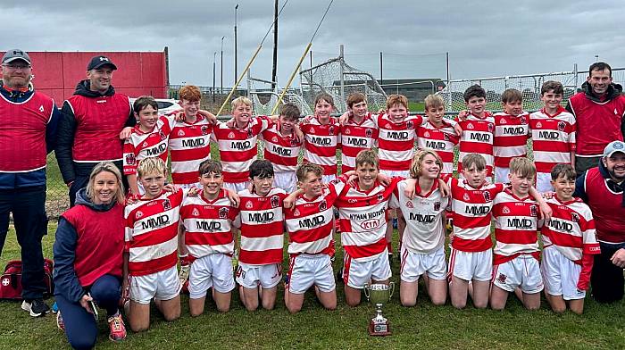 The Courcey Rovers U12 hurling team who are the premier one county champions are (back, from left): Diarmuid Fahy (selector), Vincent Dealy (selector), Cormac Murphy, Luke Deely, Ruan Lucey, Ryan Hickey, Cian Footman, Cathrach O’Riordan, Donnchadh Fahy, Conor O’Donohue, Ciaran O’Callaghan, Oran White, Liam Foley and Sean Foleu (selector). Front (from left):Carol Moloney (selector), Darragh Moloney, Conor Forde, Jack O’Donoghue, Ronan Fitzgerald, Paddy Coakley, Sam Harrington, Jack Kieran, Shay Forde and Niall Murphy (selector). Also on panel are Andrew Duncan and Luke Egan.