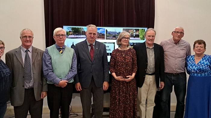 The panel of speakers who made the presentations at the recent Pride of Place judging day in Durrus were (from left): Katherine O'Sullivan, Shaun Taylor, Joe Starrett, Robert Shannon, Carmel Reaney, John Tobin, Joe O'Driscoll and Helen Burke.