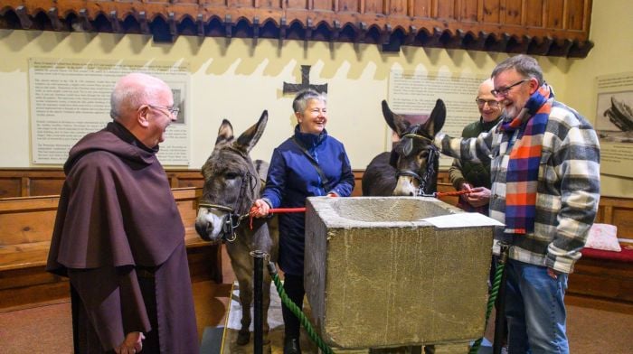 Donkeys Dorothy and Melanie with Audrey Jenning and Declan Barry from Waterfall being blessed by Fr Bene O’Callaghan and Rev Eugene Griffin at a multi-denominational pet service at St Multose Church in Kinsale last weekend. (Photo: John Allen)