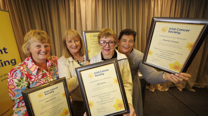 Gladys Brownlee (Tyrone), Catherine Crowley (Cork city), Anne Jackson (Kildorrery), and Rosemary O’Connell (Aghabullogue), four of the eleven retiring Irish Cancer Society night nurses, were honoured at the annual Night Nurse Conference in Ashling Hotel in Dublin. (Photo: Andres Poveda)