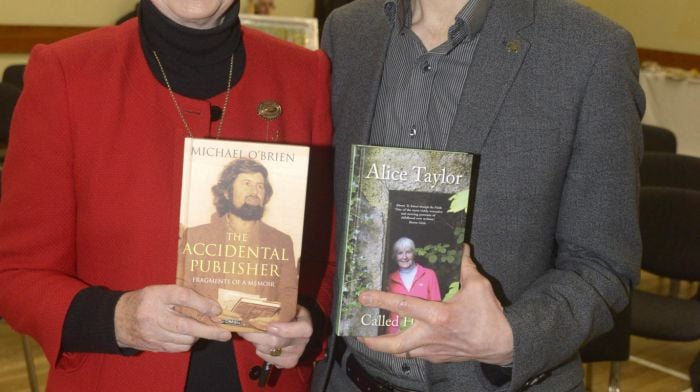 At the launch of the book A Place called Home were the author, Alice Taylor, and Ivan O'Brien. Right: Jane O’Regan and Noreen White at the 16th annual Pink Ribbon Walk in Clonakilty, organised by the O’Neill family at Fernhill House Hotel in conjunction with the Clonakilty Daffodil Day committee. (Photos: Denis Boyle & Martin Walsh)