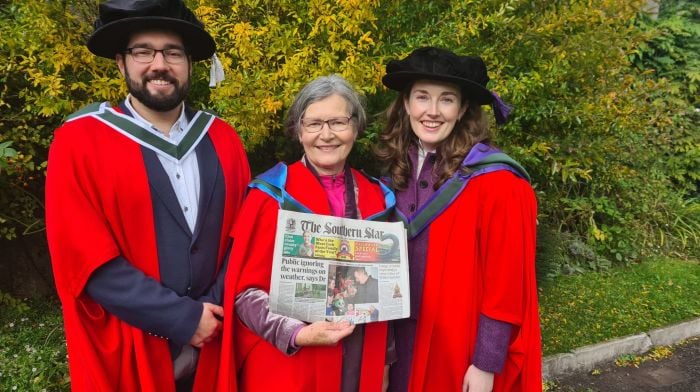 Sheelagh Broderick, herself a doctor of philosophy in the arts, with her son Pierce Ryan and daughter Aisling Ryan at Aisling's recent graduation at UCC, making it a trio of PhDs for the Baltimore family.  Aisling was awarded a PhD from the law faculty and Pierce graduated with a PhD in applied mathematics last year.