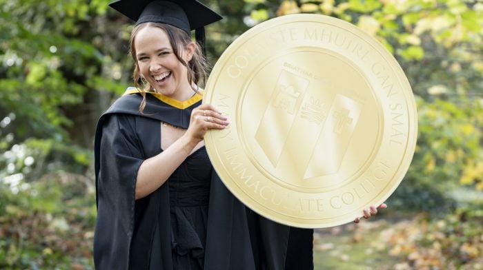 Hannah O’Driscoll from Bantry was awarded the college gold medal at the conferring ceremony for achieving first place on the bachelor of education (primary teaching) programme at Mary Immaculate College. Hannah also received the Bonn Vere Foster Award, the Peadar Cremin Fellowship and a certificate to celebrate achieving the highest results in the specialism in music education on her programme. (Photo: Don Moloney)