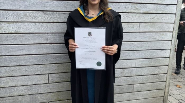 Lisa O’Sullivan from Cahermore graduated from Mary Immaculate College with a first class honours in a BA in education, Gaeilge and business studies.