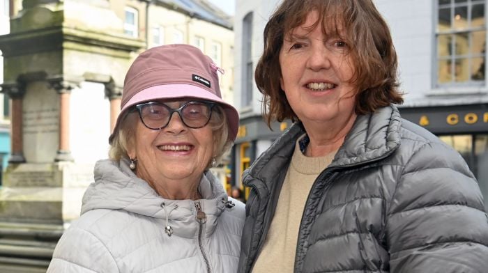 Locals Mary O’Donovan (left) and Triona O’Leary out and about in Astna Square, Clonakilty.   (Photo: Martin Walsh)