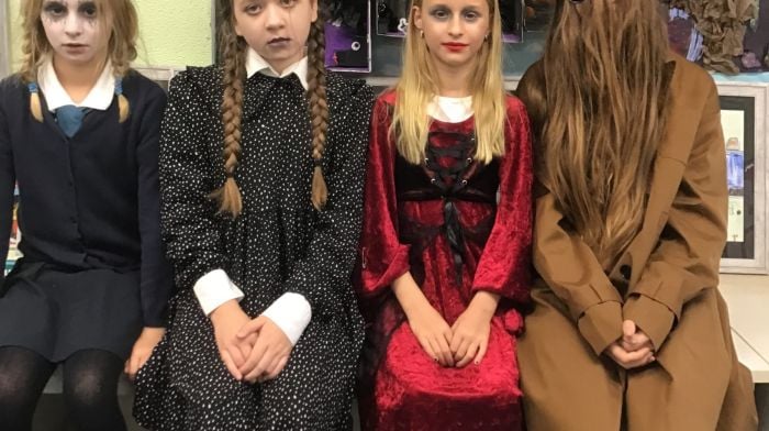 Millie Woodward, Sarah Dukelow, Pippa Woodward and Freya Horgan all dressed up and ready to celebrate Halloween at St James’ National School.