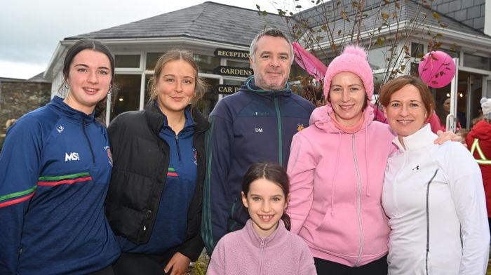 Taking part in the 16th annual Pink Ribbon Walk in Clonakilty last Monday were (from left): Aíne Hennessy, Izzy Aherne, Darren Murphy, Eimear Hennessy, Aíne Murphy and Jennifer Hennessy.  (Photo: Martin Walsh)