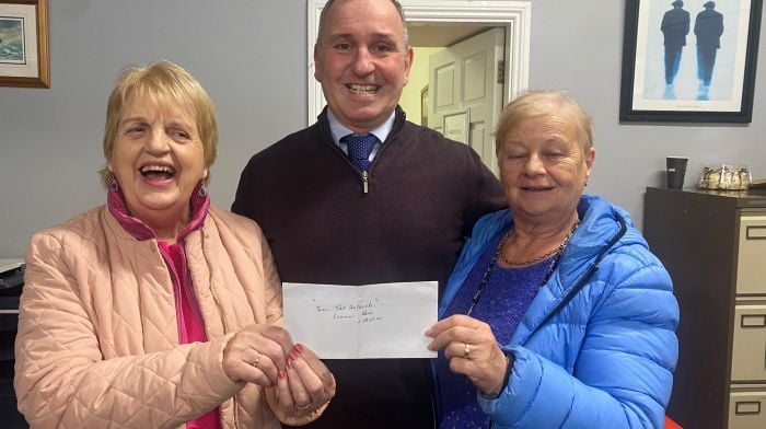 Rose Kelly and Maureen Hurley of Tar Isteach presented a donation to Tim Buckley towards the Friends of Dunmanway Community Hospital’s fundraising coffee morning.