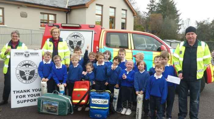 Members of West Cork Rapid Response, Kate Crowley, Betty Hennessy and Liam Slattery recently visited Derrinacahera National School where Evan Murray Slattery, together with his school friends, made a presentation of a donation to his uncle Liam Slattery for West Cork Rapid Response.