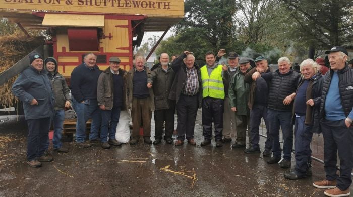 Enjoying a break in the rains at the Ballydehob Threshing were Jerry O’Driscoll, Liam Glenville, Sean O’Sullivan, Ted O’Driscoll, Con O’Sullivan, George Whitley, Barry O’Brien, David Murphy, Gerard O’Driscoll, John Joel Murphy, Joel Newman, DJ Dineen, Paddy O’Regan and Jerry Cronin.