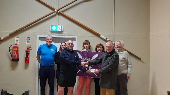 At the Rosscarbery Rowing Club’s training centre, based in Reenascreena Hall, Seán O’Mahony (Barleyhill) presented the proceeds of the 2024 Sheep’s Head Cycle to Jeff O’Donoghue (captain, Rosscarbery Rowing Club). Also included are (back, from left): Tim Crowley, Karen Dubuissow, Anna O’Donoghue, Noreen O’Sullivan and Michael Walsh. Front (from left): Jeff O’Donoghue and Sean O’Mahony.