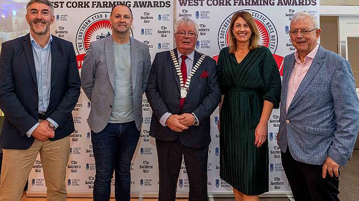 Enjoying the awards at the Celtic Ross Hotel in Rosscarbery were Seán Mahon, Southern Star managing director; Gearoid Condon, Ifac; Cllr. Joe Carroll, Cork County Mayor, Helen Wycherley, Celtic Ross Hotel and Gerry Wycherley, Celtic Ross Hotel . (All photos: Andy Gibson)