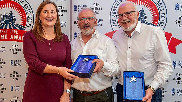 Maeve Buckley of sponsor AIB with June award winners Paddy Barrett and John McNamara.