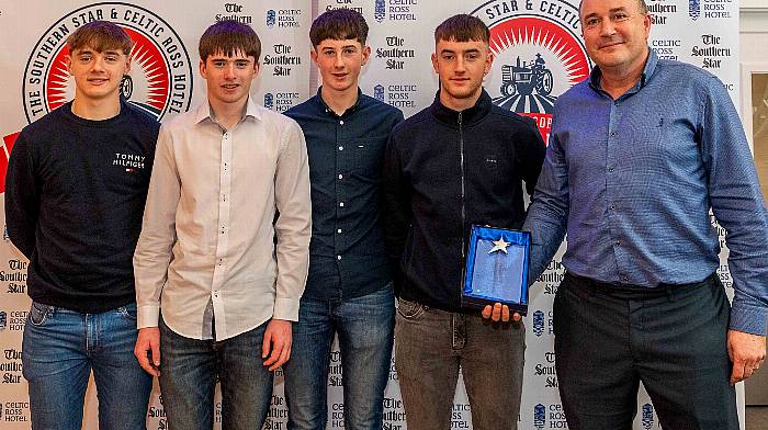 Donal McCarthy of sponsor Owen O'Driscoll & Associates with  Kinsale Community College students David Ford; Jack Good; Sean Dineen, and John Quinn, September's award winners.