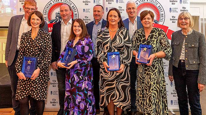 Anna Fitzgerald of category sponsor Cultivate with Farm Family award winners John and Veronica Cullinane; Sean and Fiona Deasy; Denis and Colette O'Donovan, and John  and Marie Hurley.