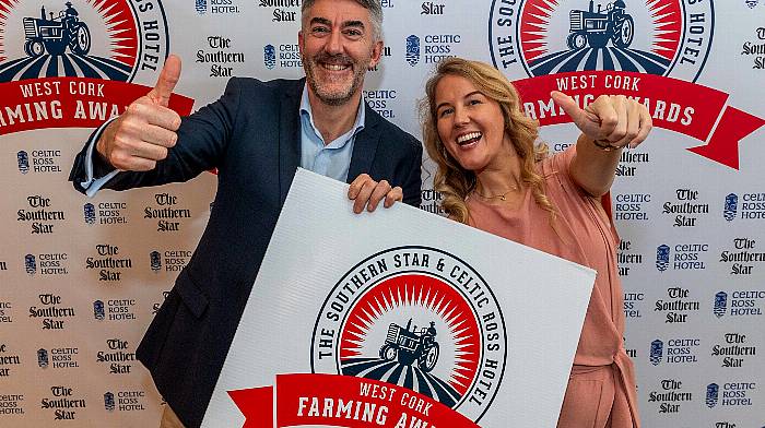 Rosscarbery, West Cork, Ireland. 1st Nov, 2024. The Southern Star held its 2024 Farming Awards on Friday last, at the Celtic Ross Hotel, Rosscarbery. Seán Mahon, Southern Star MD & Event MC Judie Russell. Photo: Andy Gibson.