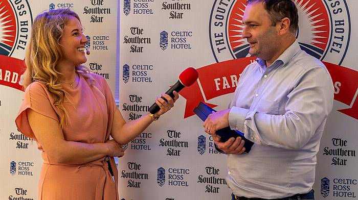 Rosscarbery, West Cork, Ireland. 1st Nov, 2024. The Southern Star held its 2024 Farming Awards on Friday last, at the Celtic Ross Hotel, Rosscarbery. Event MC Judie Russell with award winner Eamon Crowley. Photo: Andy Gibson.