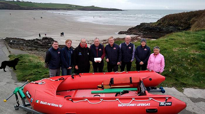 The sixth annual Alice Crowley Inchydoney Summer Swim took place in August this year and raised over €4,000 for the Inchydoney Inshore Lifeboat Association and Courtmacsherry RNLI. At the presentation of funds were John O'Sullivan, Margaret Deegan, Justin Crowley, John Collins, Val Lynch, Michael McCarthy, Traolach O'Donnabhain and Anne O'Donoghue. Thanks was expressed to all the swimmers, lifeguards, safety teams and all those who supported the event on the day.