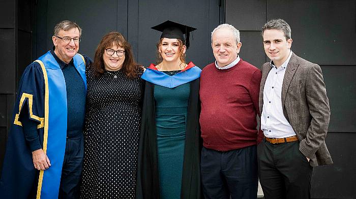 Nell McCarthy, celebrating her graduation from the bachelor of business in culinary arts course within the Department of Tourism and Hospitality, with her uncle John O'Regan, governor of MTU, her parents Rita and Dan and brother Eoghan. Last year, Nell was one of BIM’s 2023 Taste the Atlantic Young Chef Ambassadors, and in early October, she was a finalist in the Euro-Toques Young Chef of the Year Competition. She is currently working as a chef at the Michelin 2-star Customs House Restaurant in Baltimore.  (Photo: Joleen Cronin)