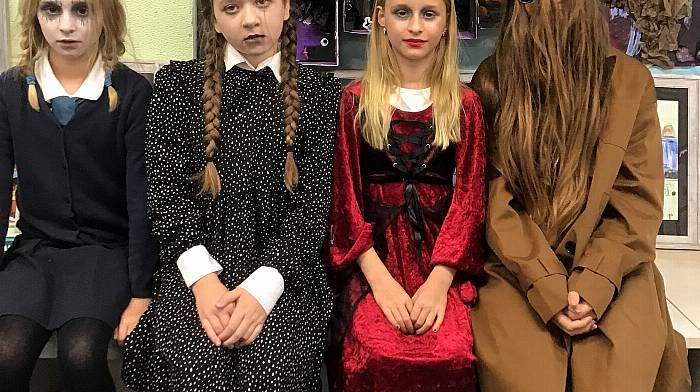 Millie Woodward, Sarah Dukelow, Pippa Woodward and Freya Horgan all dressed up and ready to celebrate Halloween at St James’ National School.