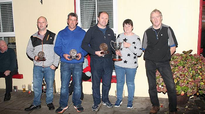 At the John O’Driscoll road bowling cup final in Durrus were (from left): Finbarr Coughlan (runner up), Pat Daly (runner up),  Kevin Minehane (winner), Mary O’Donovan and Donal O’Mahony (referee).