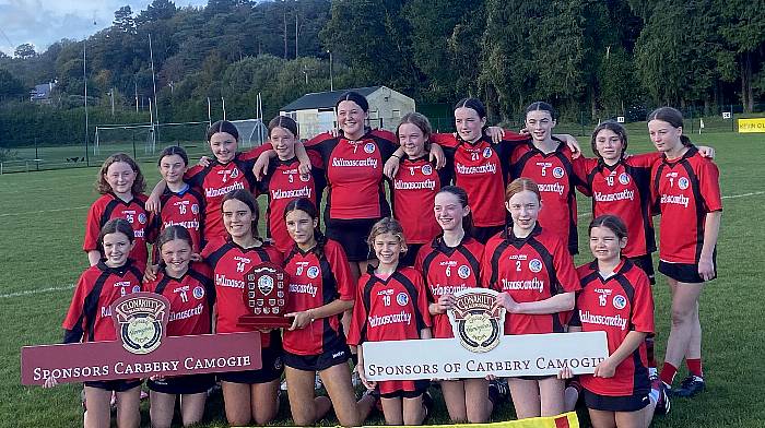 The Ballinascarthy U13 camogie team that won the Carbery Shield final in Bandon against a very competitive Enniskeane team. Front (from left): Éala Pattwell, Aoife O'Driscoll, Ayla Bishop (captain), Caoimhe Barrett, Éabha O'Leary, Claire Higgins, Sinéad Walsh and Kate O'Flynn. Back (from left): Siobhán McCarthy, Saibh O'Flynn, Leanne Walsh, Hannah Buttimer, Leah Buttimer, Sarah Walsh, Aideen Murphy, Ruby McCarthy, Odette O'Donovan Forcey and Neasa Kiernan.