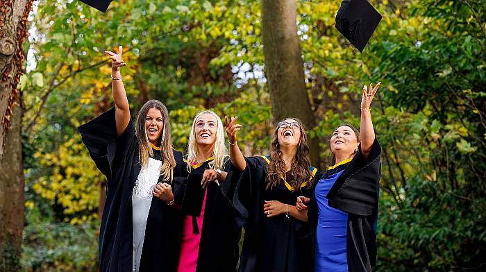 At the recent Mary Immaculate College conferring ceremonies were Ailbhe Clifford (Glenbeigh, County Kerry), Fodhla Houlihan (Killorglin, County Kerry), Jessica Buckley (Macroom, County Cork) and Katie Heaney (Millstreet, County Cork). The three days of conferring ceremonies saw graduates conferred with academic awards across the college’s 50 undergraduate and postgraduate programmes in education and the liberal arts.   (Photo: Arthur Ellis)