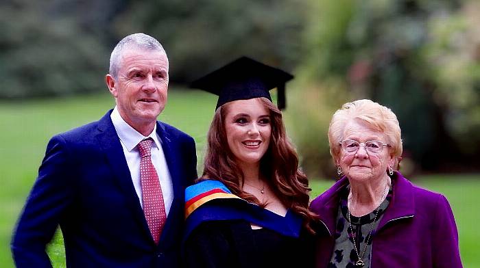 Aileen Logan, with her father John and grandmother Mary, celebrating her graduation from MTU in Cork with an MA in public relations. Aileen was a  scholar at Skibbereen secondary school before continuing her academic career  by gaining her BA from the University of Limerick.