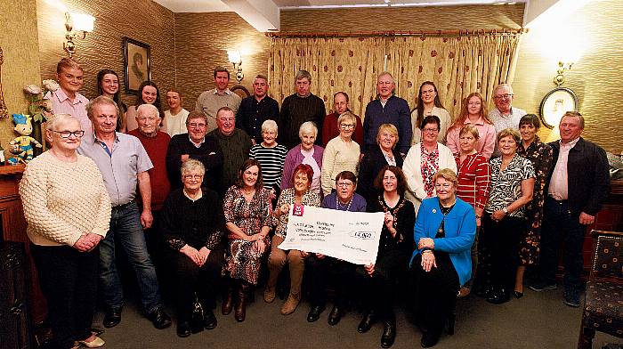 Bengour tractor and car run committee members recently presented the proceeds of their run to recipients at an event at An Caipín. Included are (seated, from left): Rose Cronin (treasurer), Eileen Mullane (Marymount Hospice), Pat McCarthy and Ber Ryan (ACT at CUH), Marie O’Sullivan (secretary) and Breda O’Sullivan, representing Breakthrough Cancer Research.  (Photo: Colum Cronin)