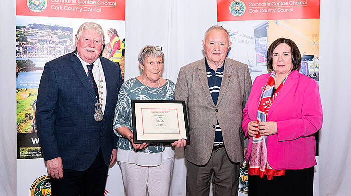 In September Cork County Council announced the results of its annual Anti-Litter Challenge and Kinsale placed second in Category B. Pictured are Margaret Lynch and  Ted McNamara representing Kinsale, with Deputy Mayor Martin Coughlan and Chief Executive Moira Murrell.  (Photo: Gerard McCarthy)