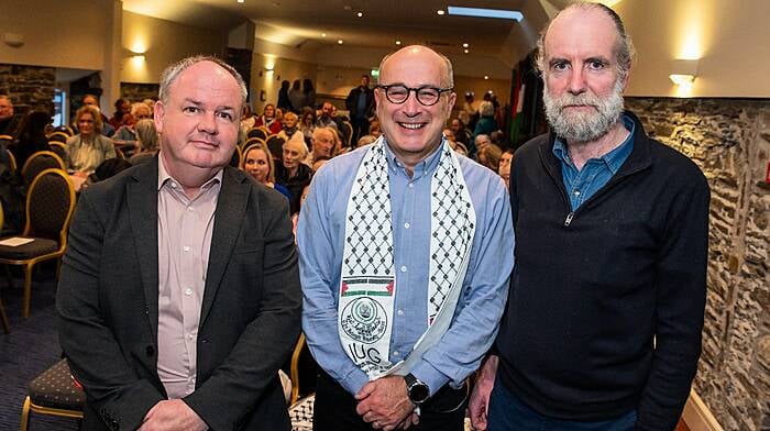 Prof Nick Maynard (centre) consultant surgeon with Padraig Fitzgerald and Ger Timmons from the Kinsale Peace Project who organised his visit to Kinsale.