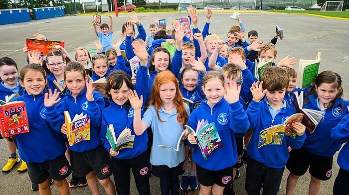 Pupils from Gaelscoil Chionn Tsáile pictured at the programme announcement for the Words By Water literary festival, which took place in October.