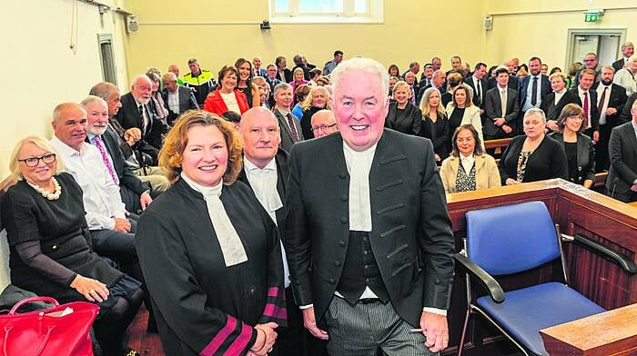 Clonakilty courthouse was packed for Judge James McNulty's last day on the bench in October, in advance of his retirement.  He was joined by District Court judges Helen Boyle, left, and John King, centre, family and friends to mark the occasion. He enjoyed a 23-year career as a judge, 19 of which he spent in West Cork. (Photo: Andy Gibson)