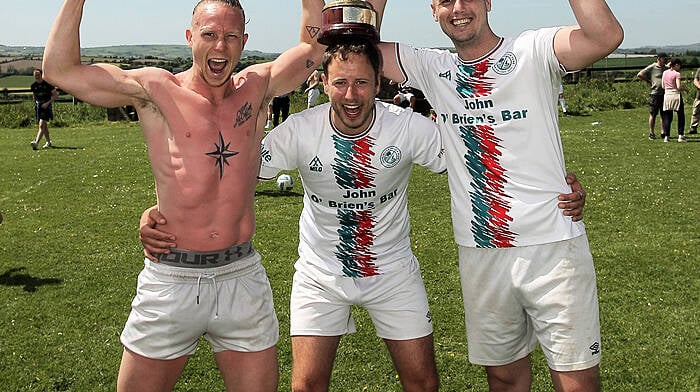 Clonakilty Soccer Club's Conor McKahey, Shane Buttimer and Jonathan Leahy celebrate winning the West Cork League Premier Division title for the first time in June. This followed on from their Beamish Cup success a month earlier.