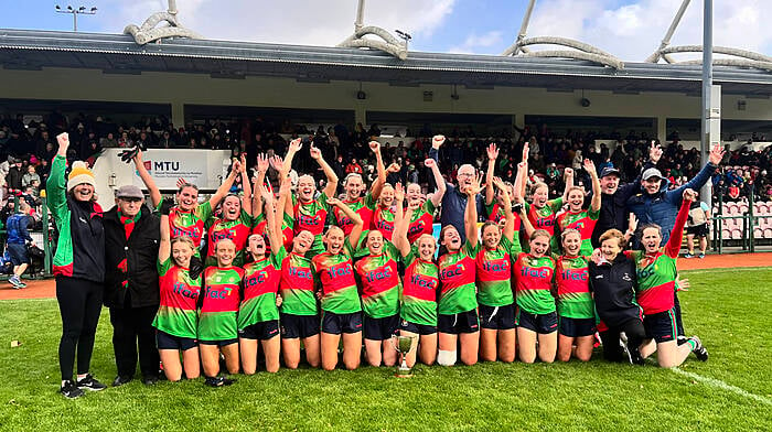 The history-making Clonakilty panel and mentors celebrate winning the Cork LGFA senior B county title for the first time following a 2-5 to 0-5 win over Kinsale at MTU Cork in October.