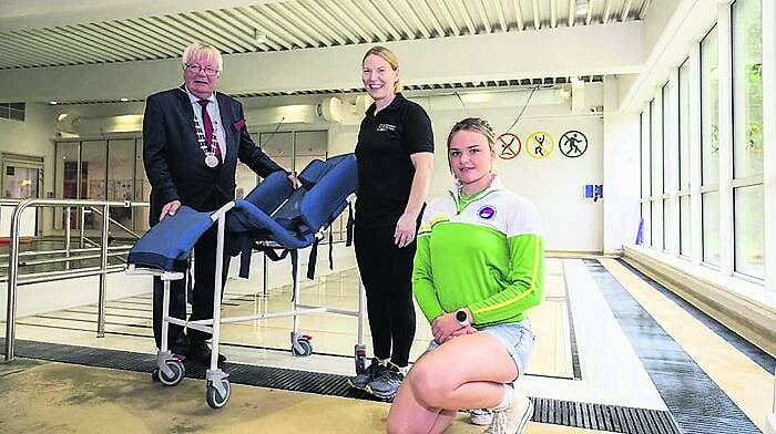 Mayor of Co Cork, Cllr. Joe Carroll with Yvonne Buckley, acting manager at West Cork Leisure Centre Dunmanway and lifeguard Katie Cotter at the launch of the new chair which will provide easier access to the hydrotherapy pool for users with additional needs. (Photo: Brian Lougheed)