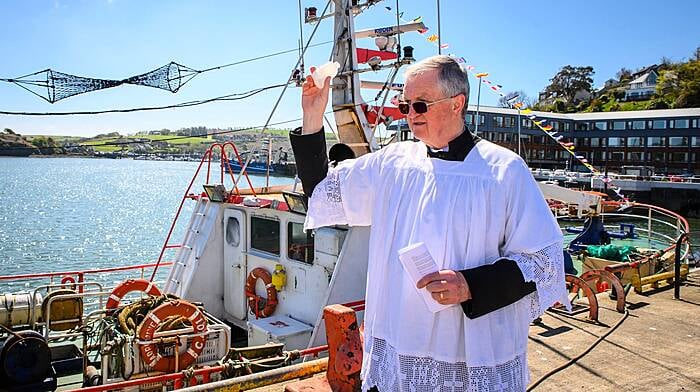 In April, Fr. Robert Young, Parish Priest of Kinsale blessing the fleet at the annual Kinsale Sea Sunday commemoration.
Picture. John Allen
Picture. John Allen