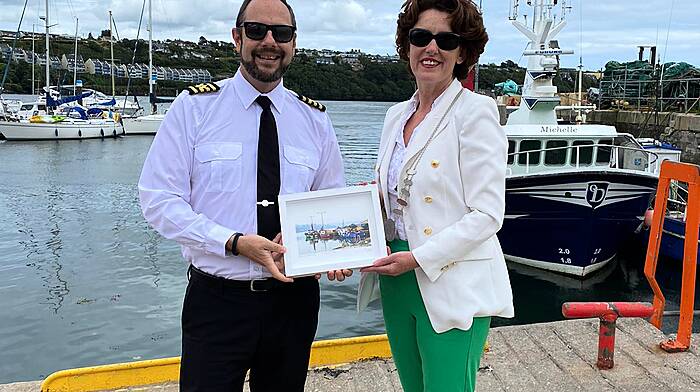 In August, the Luxury, five-star cruise ship, the Hebridean Princess arrived in Kinsale for the first time. One of Hebridean Island Cruise’s fleet, this ship has capacity for 48 passengers in 28 cabins, and 38 crew members.  Cllr Gillian Coughlan, Chair of Bandon Kinsale Municipal District greeted the Captain, Magnus Davidson and presented him with a token to mark the occasion.