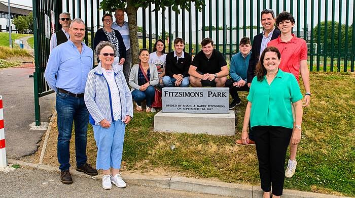 In June. Fergal McCarthy, Principa of KCS with Anne Fitzsimons, wife of Garry and Deirdre Fitzsimons, wife of Shane and family members at the unveiling of a stone to mark the official opening of Fitzsimons Park at Kinsale Community School
Picture. John Allen