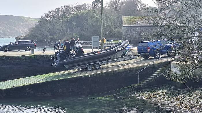 A major drugs trafficking operation was detected and foiled by gardaí in West Cork, supported by the National Drugs and Organised Crime Bureau, when they detained 10 men in separate manoeuvres in Tragumna and Leap on March 14th last. Naval divers are seen here on the slipway in Castletownshend as they prepare to launch as part of the subsequent search for contraband..