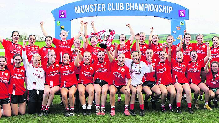 The O’Donovan Rossa team celebrates their victory over St Ailbe’s in the AIB Munster Club LGFA intermediate final at Mallow in November.                                                                                                                                                                      (Photo: Paddy Feen)