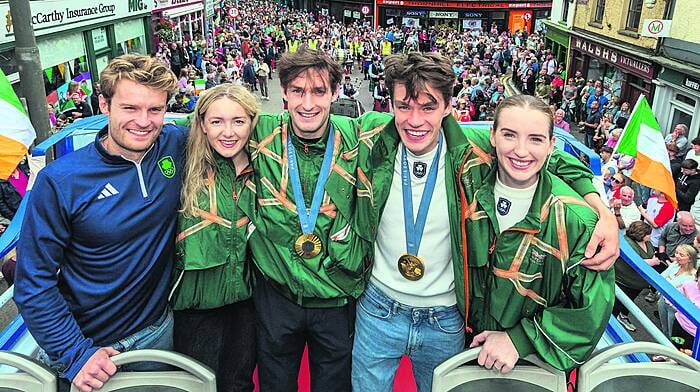 Undoubtedly, the event of the year in Skibbereen was the homecoming celebration for its Olympic rowing heroes  at the start of September. From left: Jake McCarthy, Aoife Casey, Paul O’Donovan, Fintan McCarthy and Emily Hegarty. Right: A section of the huge crowd that attended the homecoming in the Fairfield. (Photos: Andy Gibson)