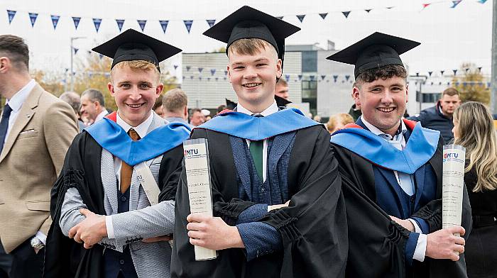 Brian McCarthy (Innishannon), Adrian Crowley (Coppeen) and Ciarán Lucey (Ballyvourney) all celebrating their achievements as bachelor of science in agriculture graduates at MTU Bishopstown Campus during the autumn conferring ceremonies.

(Photo: Joleen Cronin)