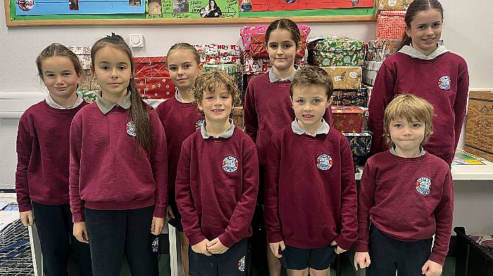 Pupils from Rath National School gathered 78 shoeboxes, filled with gifts, supplies and toys, to be distributed to children less fortunate by Team Hope. Some of the participants included (from left): Méabh Collins, Yevheniia Smokyna, Ella Keane, Nye Lawn, Rebecca McSweeney, Zac Collins, Ava Javid and Arlo Burch.