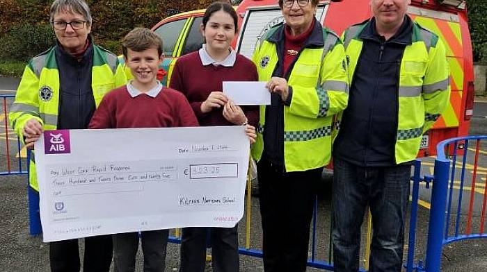 Kilmeen National School's student council handed over a cheque for €325.23 to the West Cork Rapid Response. The proceeds were from the school bingo which the school recently organised. From left: Kate Crowley (WCRR), Micheál McCarthy and Éadaoin Hayes (student council) and Betty Hennessy and Liam Slattery (both WCRR).