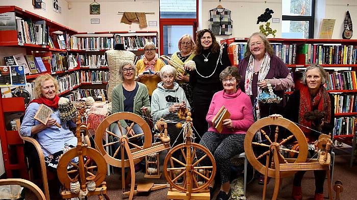 Members of the Mizen Spinning and Textiles craft group (MiST) who launched their recycled exhibition of textiles and art at Skibbereen Library included (from left) Nora McSweeney, Anja Freude, Renate Rapp, Mary Condon, Loretta Fitzgerald, Galyna Zaitseva, Sandy Ryrie, Annie Sage and Brigid O'Brien.  (Photo: Anne Minihane)