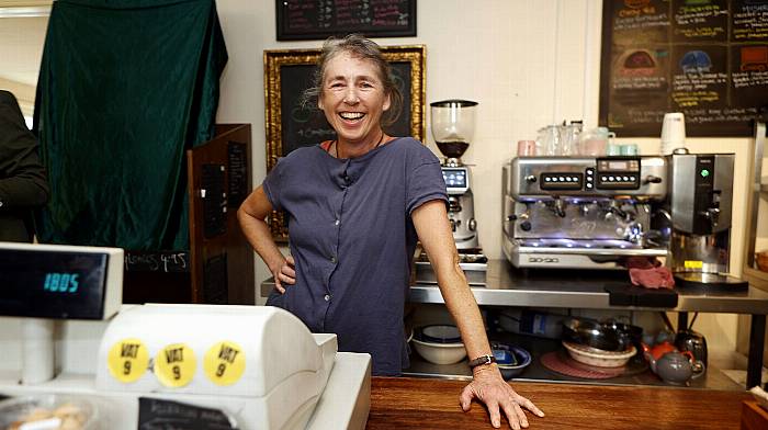 Gina Joice enjoying the recent official opening of Béal Blásta Ballydehob Wholefood Shop, formerly Hudson's, in Ballydehob.   (Photo: Carlos Benlayo)